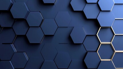 A close-up, abstract view of a dark blue hexagonal pattern with some hexagons featuring thin gold edges. The lighting creates dramatic shadows and highlights, e