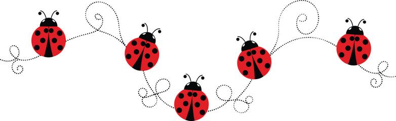 Cute flying ladybug illustration, red beetles with dotted flight trails, whimsical insect design, playful cartoon bug vector artwork