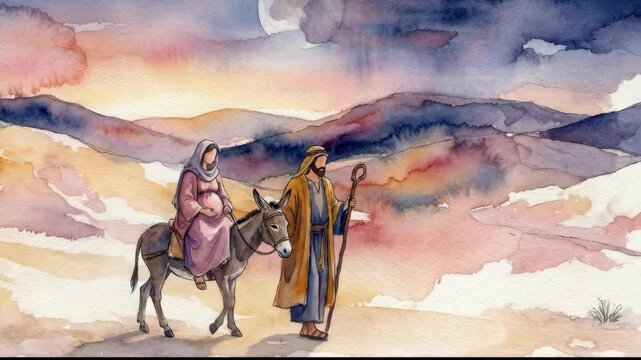 Animated watercolor painting of the Nativity journey. Mary riding a donkey and Joseph walking through a desert landscape at sunset. Biblical Christmas story concept