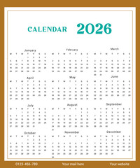 Clean and Functional 2026 Annual Calendar for Planning