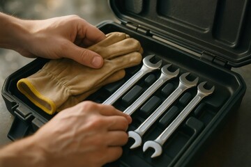 Hands placing work gloves inside an open black tool case containing various wrench tools for repair and maintenance tasks