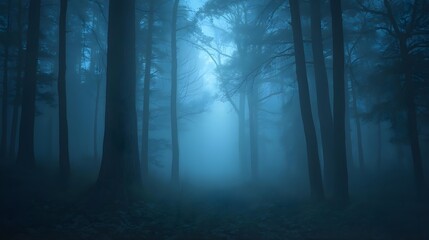 Obraz premium Magical Blue Fog Forest with Luminescent Glow
