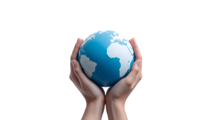 Human hands holding a blue globe, symbolizing global protection and sustainability isoleted on transparent background