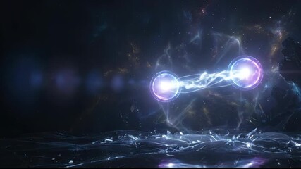 Abstract sci-fi background with two glowing spheres connecting. Energy orbs pulsing with electricity in deep space. Quantum entanglement concept - Powered by Adobe