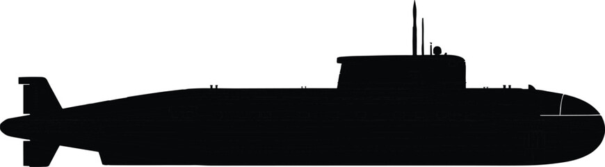 Military submarine silhouette, underwater vessel illustration, navy warship profile, ocean defense craft, detailed black submarine vector design
