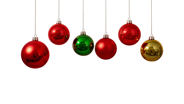 Glossy red, green, and gold christmas ornaments suspended festive holiday decor, isoleted on transparent background