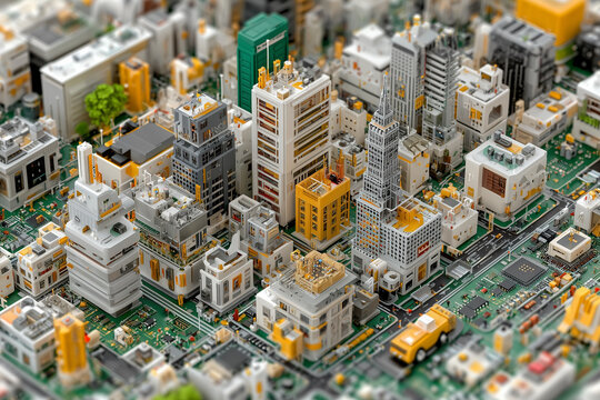 isometric cityscape with diverse buildings, lush trees, brown and gray color palette, soft lighting,