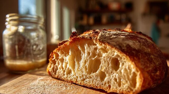 Close up of a rustic artisan sourdough bread loaf with a golden brown crust and airy crumb resting on a wooden cutting board next to a jar