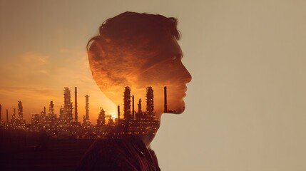 Double exposure of a mans silhouette with an industrial factory at sunset.