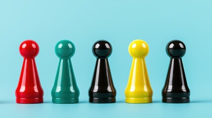 Colorful game pieces arranged in a row against a light blue background, showcasing their glossy finishes and unique shapes.