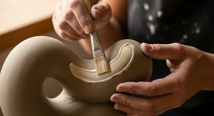 Artisan hand-glazing an abstract ceramic sculpture in studio environment