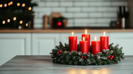 A cozy holiday centerpiece featuring red candles surrounded by evergreen and festive decorations on a kitchen table.