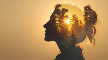 Double exposure silhouette of a womans head with a forest sunset inside.
