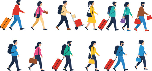 Travelers walking with luggage, airport passengers, tourist people group, journey illustrations, baggage carrying characters, vacation travel vector set