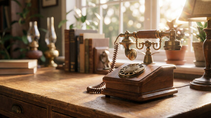 landline. Vintage rotary telephone on a wooden desk, bathed in warm ambient light with a softly blurred background. product launch decks.