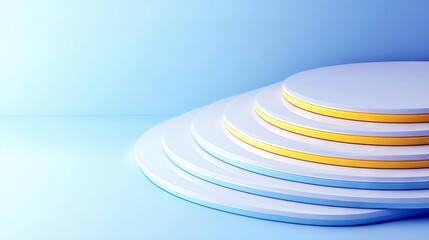 A series of concentric, layered circular platforms with white and light blue surfaces and thin gold bands, set against a soft blue gradient background. The ligh