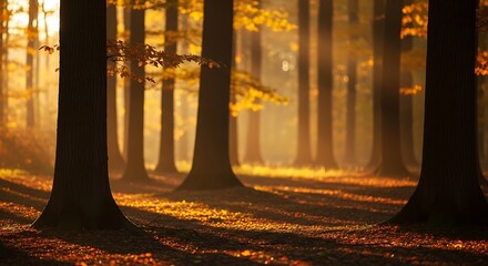 Enchanting golden light filtering through autumnal forest canopy