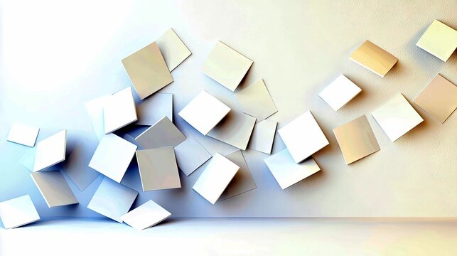 A collection of light-colored squares of various sizes are scattered and suspended on a plain wall, creating a dynamic and abstract composition. The lighting is