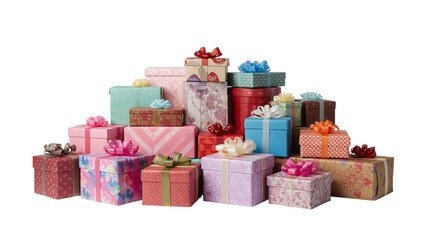 Assorted colorful gift boxes with ribbons and bows stacked for festive celebration isoleted on transparent background