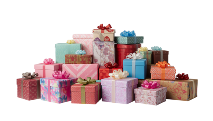 Assorted colorful gift boxes with ribbons and bows stacked for festive celebration isoleted on transparent background