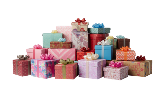 Assorted colorful gift boxes with ribbons and bows stacked for festive celebration isoleted on transparent background - Powered by Adobe