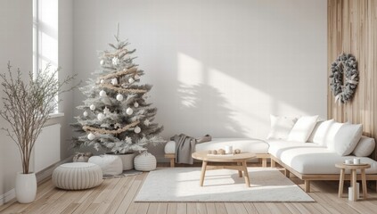Cozy living room with Christmas tree and modern furniture in daylight  