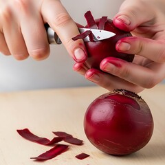 Beetroot preparation process, hands peeling fresh beetroot with small knife