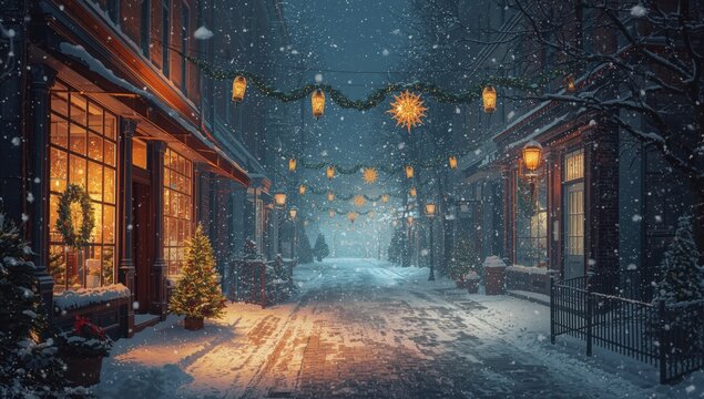 Snowy street decorated for winter holidays with lanterns at night  