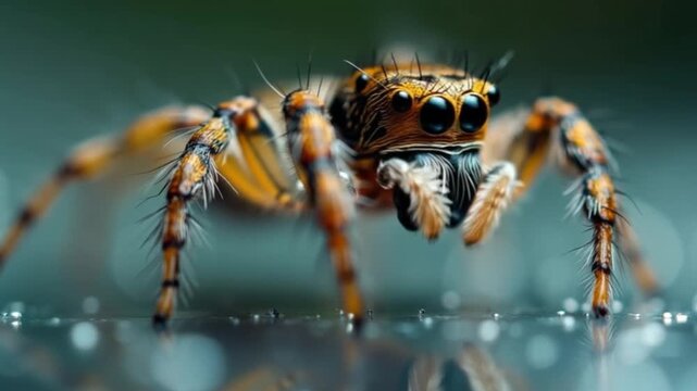 A vibrant jumping spider with eight eyes explores a glistening world of dewdrops, capturing the essence of nature's tiny wonders in a mesmerizing display of life