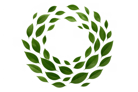 Fresh green leaves forming a swirling circle frame, symbolizing nature, ecology, and organic growth, with transparent background - Powered by Adobe