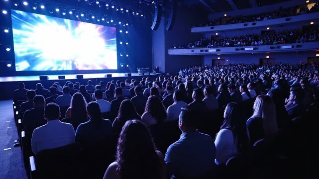 Audience watches a large screen at a live event or concert.
