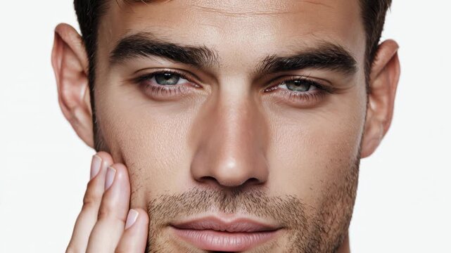 Close-up portrait of a young Caucasian man with short dark hair and blue eyes. He has a strong jawline and a serious expression.