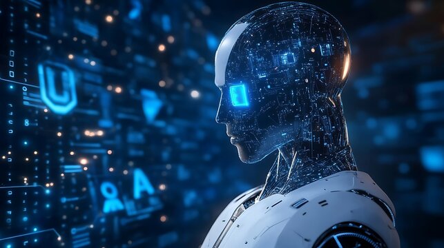 Futuristic robot head with glowing blue digital interface and circuits