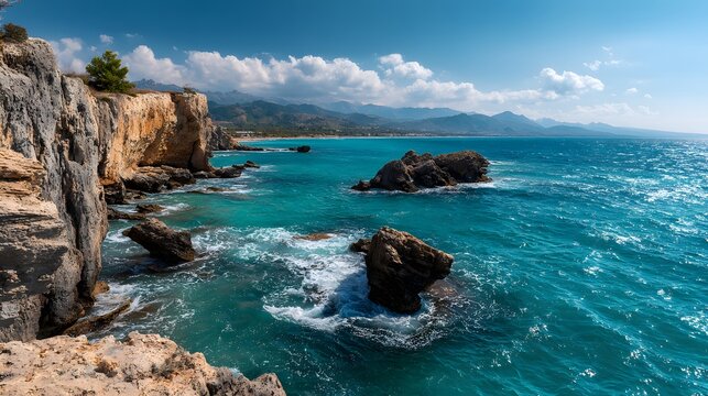 Dramatic rocky coastline with turquoise sea and waves crashing against the shore. - Powered by Adobe