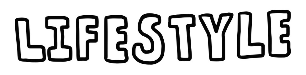 Hand drawn outline of LIFESTYLE letters for font, typography, text, message, campaign badge, human, people, diet, exercise, sport, competition, activity, healthy life, hobbies, leisure, colouring book