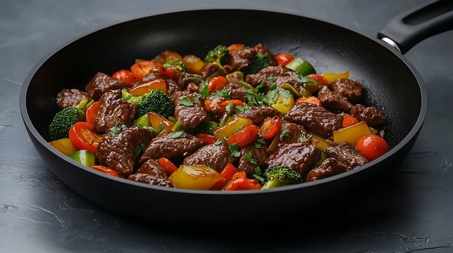 Hearty beef and vegetable stir fry cooking in a black skillet