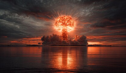 A nuclear explosion over water at sunset