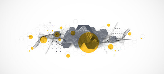 Abstract composition with wireframe hexagons, dots, and lines. Vector