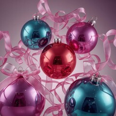 Colorful Christmas ornaments with ribbons on festive background  