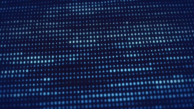 Looping randomly vertically animated matrix array of binary numbers code changing screen. Background effect for code, programming, technology projects to add digital data effect with camera blur. 