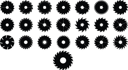 Circular saw blade silhouettes, vector collection of black round industrial cutting tools, sharp carpentry icons isolated on white background for construction design elements.
