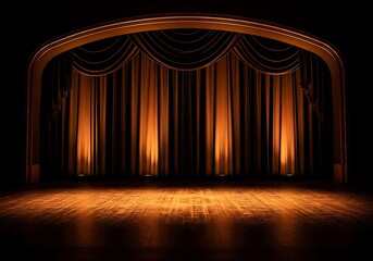 Classic theater stage with golden draped curtains and warm lighting effect