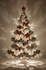 Festive Christmas tree decorated with stars and flowers on white background  