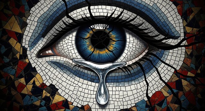 Mosaic art illustration of sad crying blue eye with tear drop and cracked texture wall