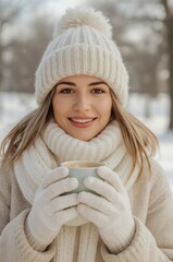 Young woman smiling while holding a cup in a snowy park  