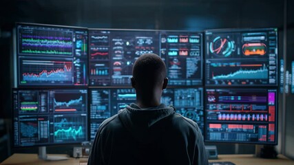 A young Black man with short hair stands in front of multiple computer screens displaying data analytics and financial graphs in a dark room. - Powered by Adobe