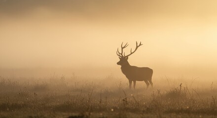 Fototapeta premium Majestic deer silhouette in early morning fog with impressive antlers