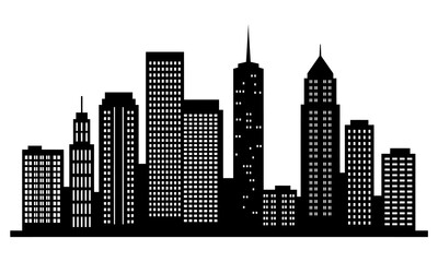Black and white city skyline silhouette with illuminated windows. Modern urban metropolis vector illustration featuring skyscrapers and diverse architecture on a white background.