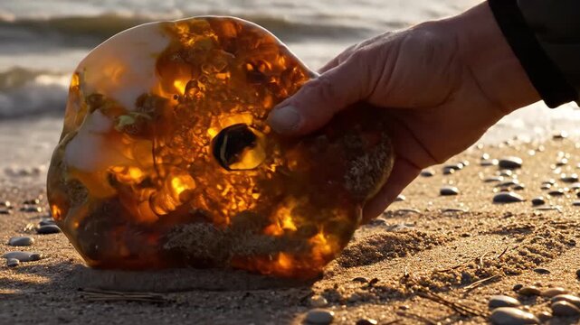Amber nugget is held on a sandy beach