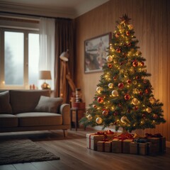Cozy living room decorated for Christmas with tree and gifts  